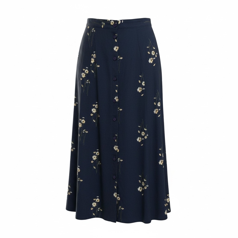 Vintage 90s Prophecy Sag Harbor Navy Floral MIDI Maxi Skirt A Line Rayon Medium